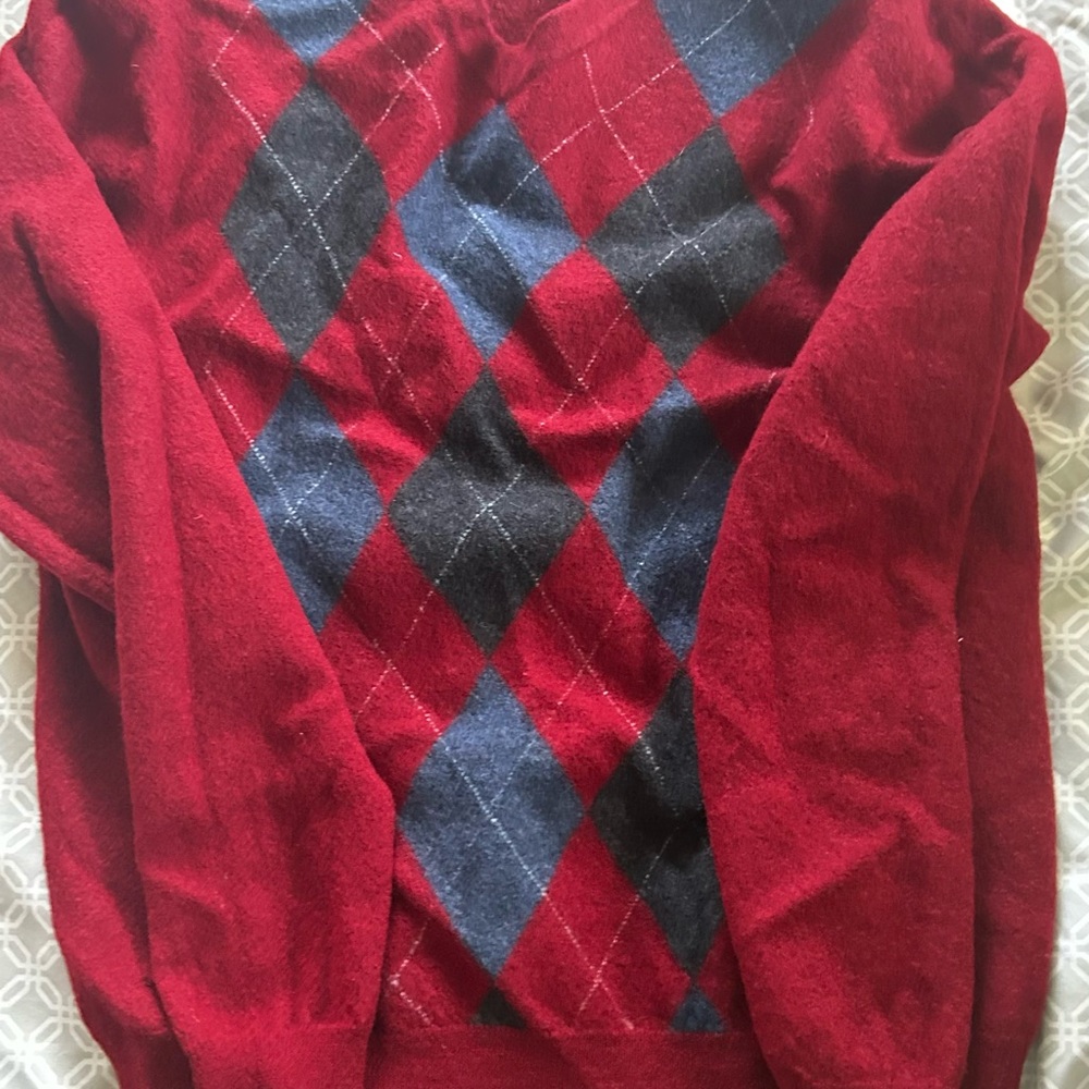 Red and Blue V-Neck Argyle Sweater